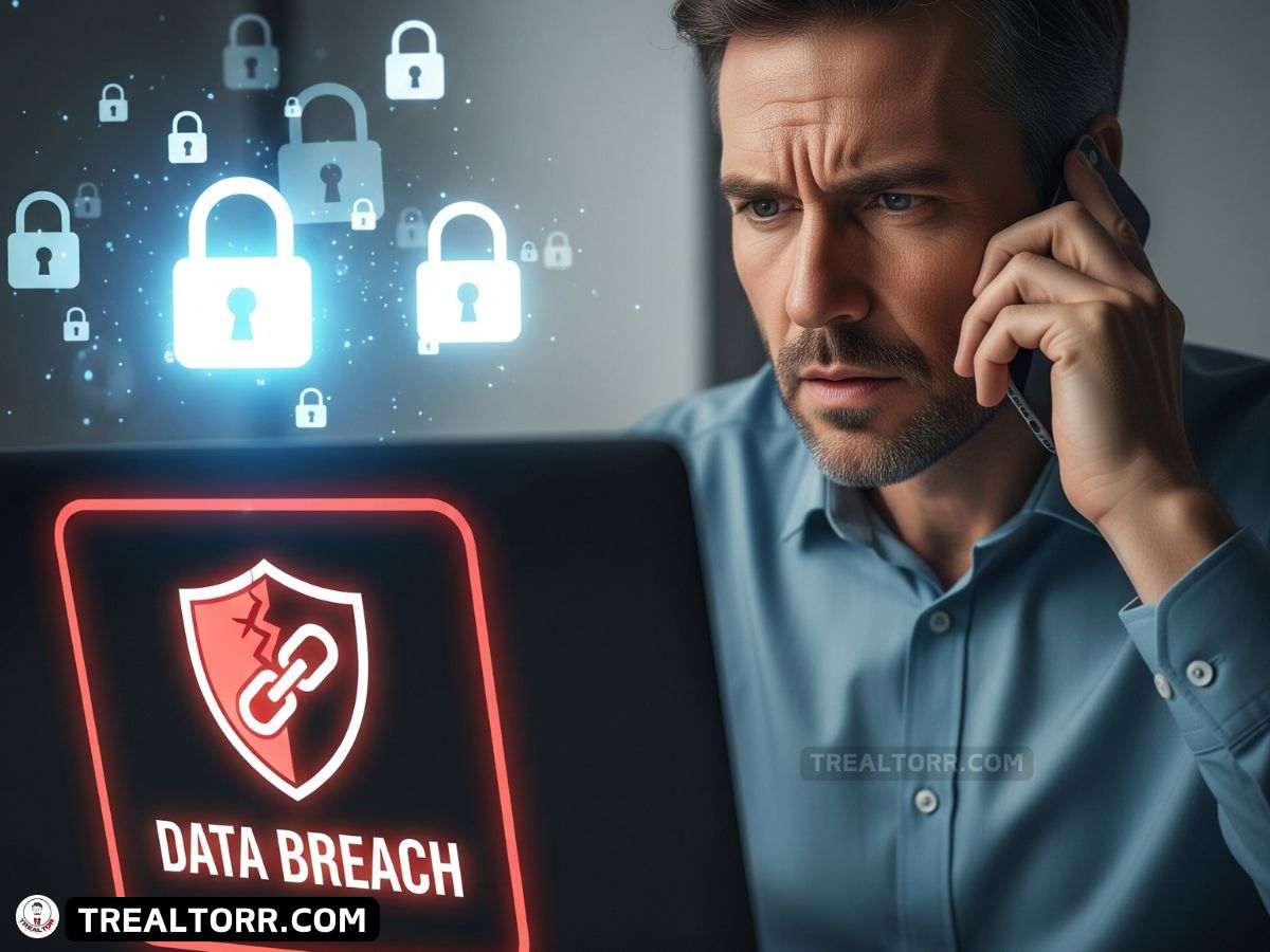 Landlord discussing a tenant data breach on the phone with a laptop showing a red data breach alert.