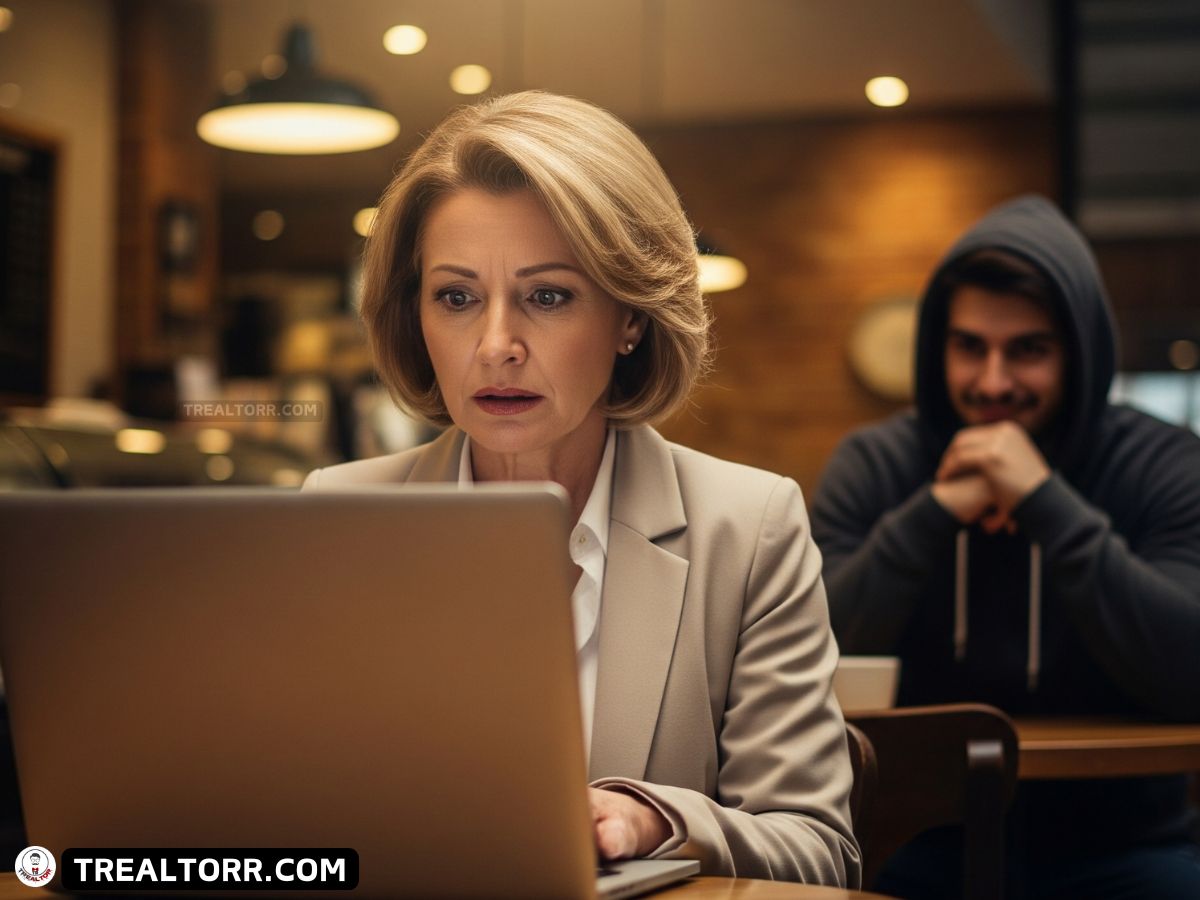 Real estate agent using laptop in coffee shop with a hacker lurking nearby, illustrating public Wi-Fi risks.