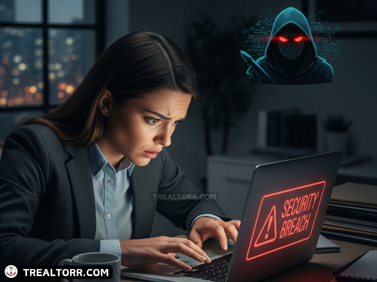 Real estate agent stressed at a laptop showing a security breach warning before a closing deal.