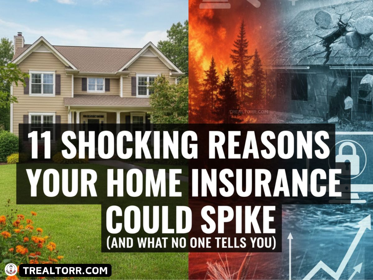 Split image with a suburban house on the left and disaster scenes on the right. Bold text reads "11 Shocking Reasons Your Home Insurance Could Spike." Tone is urgent.