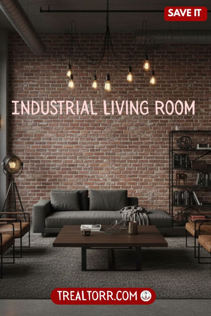 Industrial living room, exposed brick walls, metal furniture, dark neutral colors, urban loft style, moody lighting, modern industrial interior design