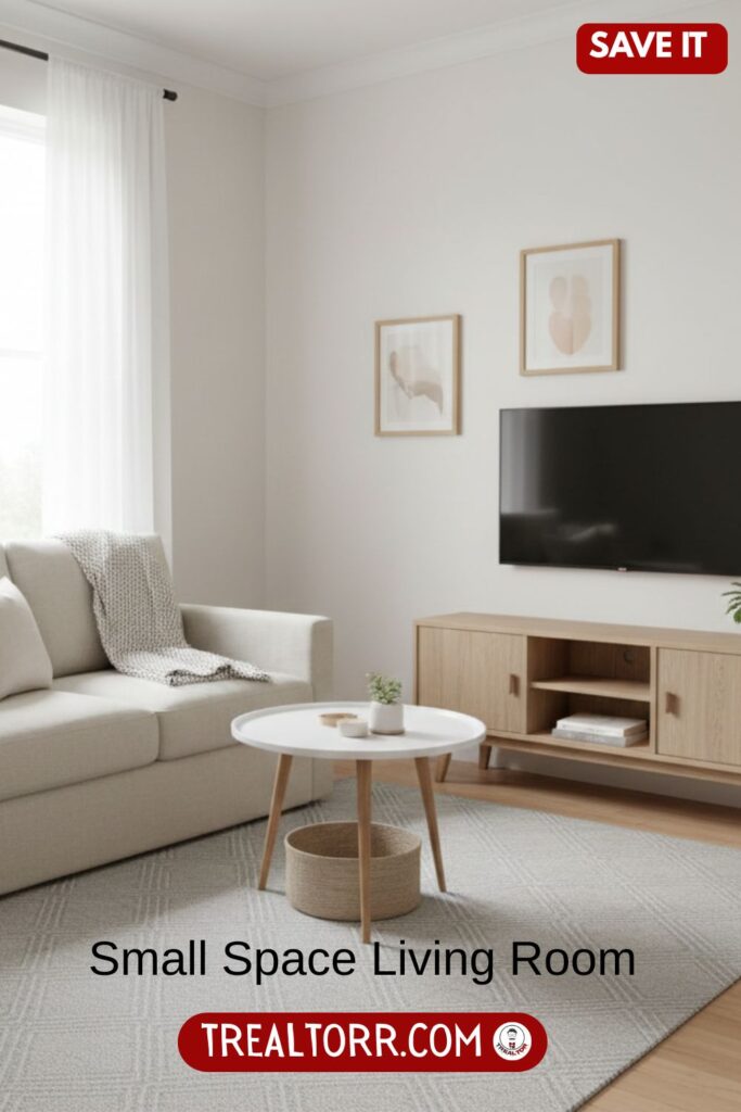 Small living room design, space-saving furniture, light neutral colors, cozy layout, smart storage, bright natural lighting, Pinterest small-space interior