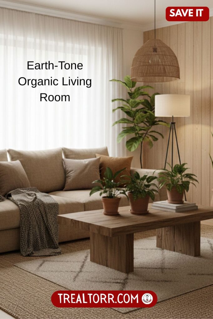 Earth-tone living room, natural materials, beige and brown palette, wooden furniture, organic textures, plants, warm cozy lighting, modern organic interior