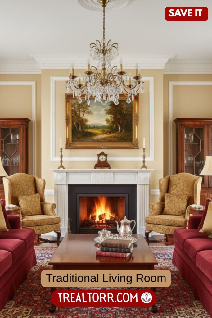 Traditional living room, classic furniture, rich textures, warm colors, elegant decor, symmetrical layout, timeless interior design