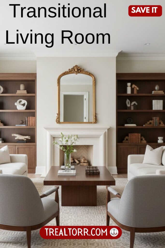 Transitional living room, neutral tones, modern and traditional furniture blend, clean lines with soft textures, balanced interior design