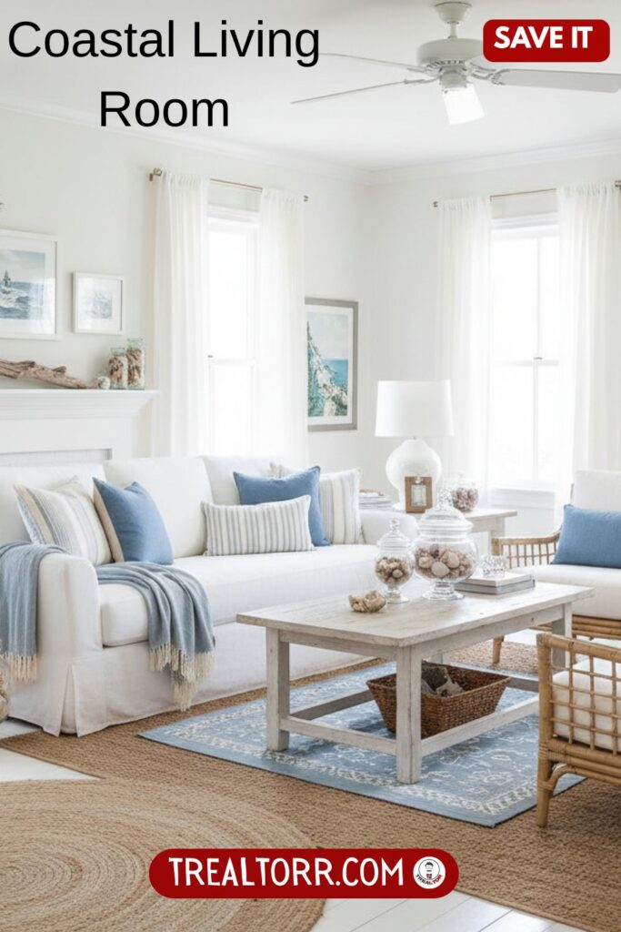 Coastal living room, white and blue tones, natural light, airy furniture, relaxed beach-inspired decor, fresh and calming interior design