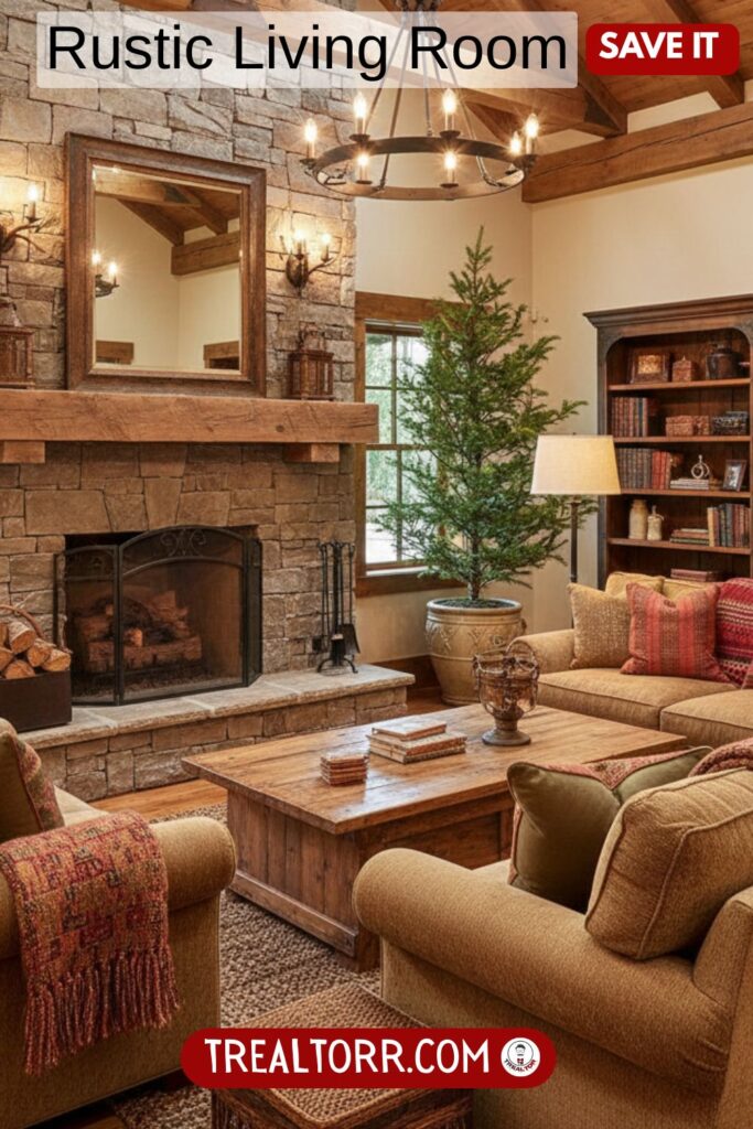 Rustic living room, natural wood beams, stone fireplace, cozy furniture, warm lighting, cabin-style interior, Pinterest rustic decor