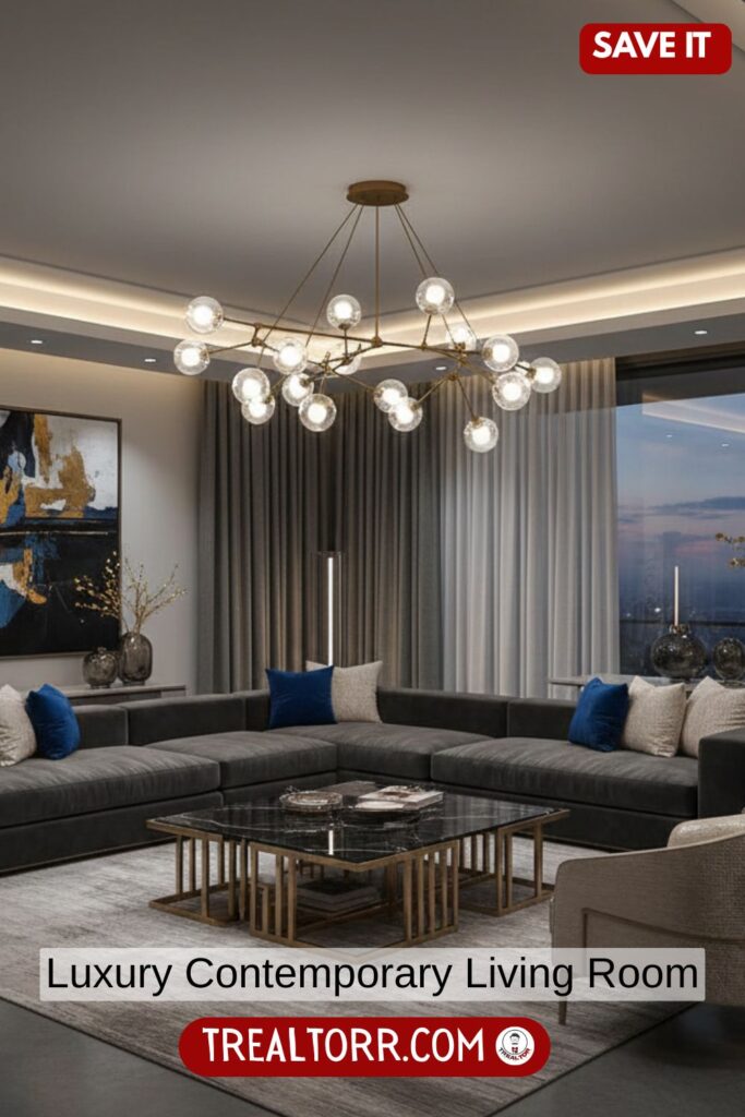 Luxury contemporary living room, sleek furniture, bold accents, dramatic lighting, upscale interior design, modern elegance