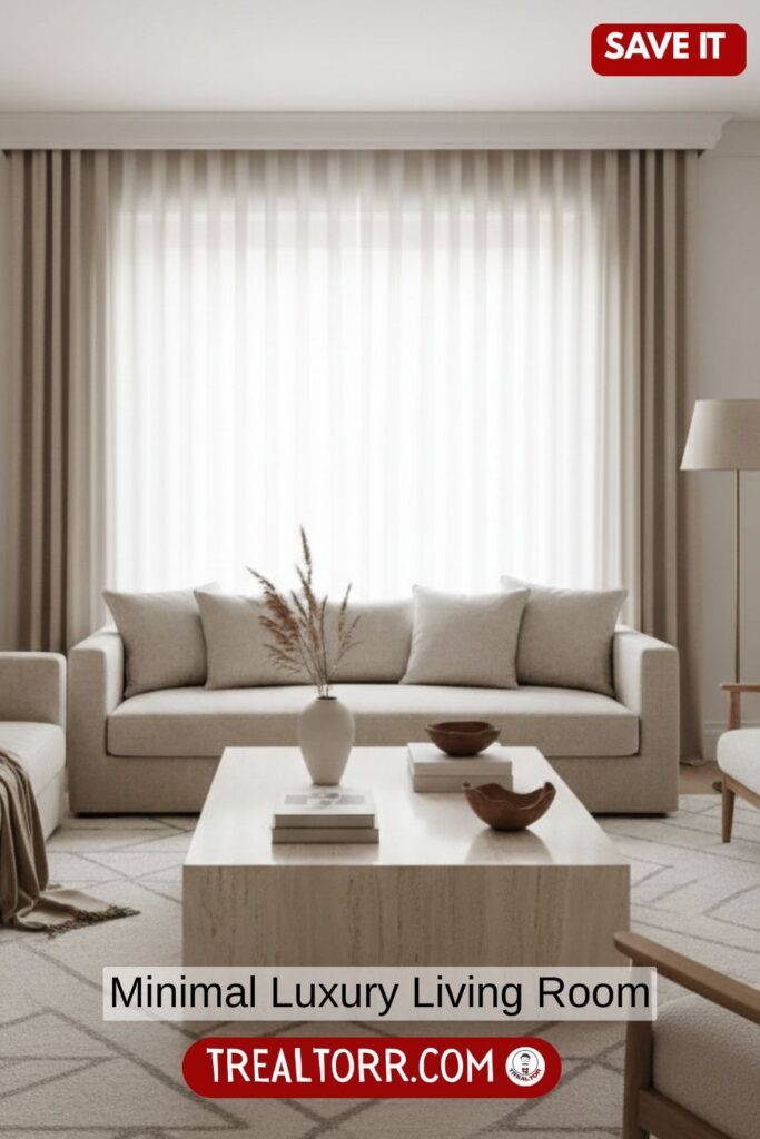 Minimal luxury living room, neutral palette, premium textures, clean design, soft lighting, understated elegance, Pinterest-style photography