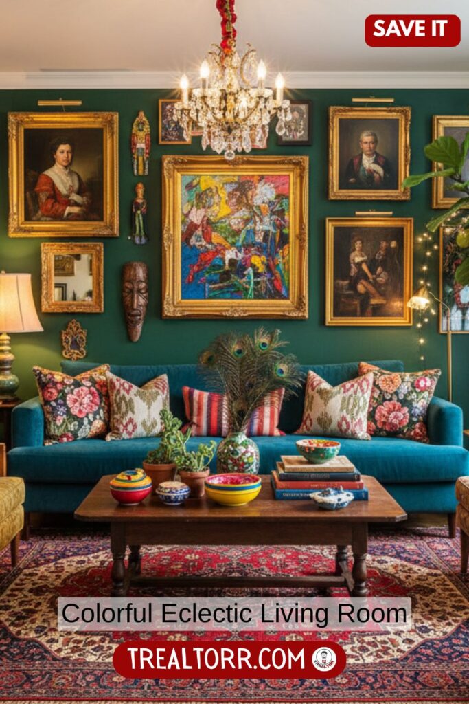 Eclectic living room, bold colors, mixed patterns, unique decor pieces, artistic vibe, creative interior design