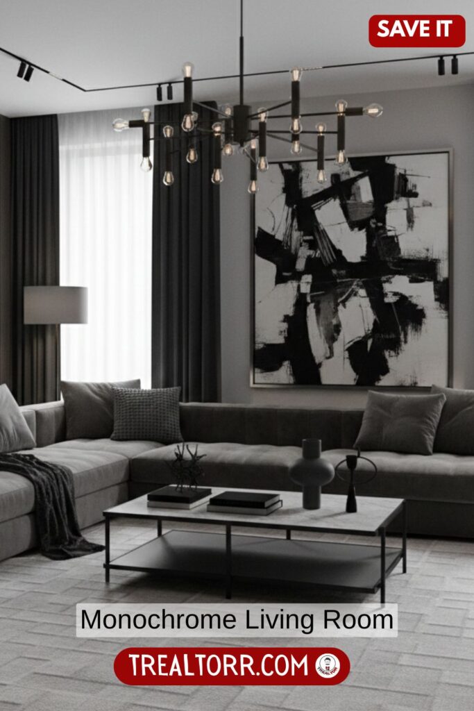 Monochrome living room, single-color palette, layered textures, modern furniture, elegant lighting, cohesive interior design