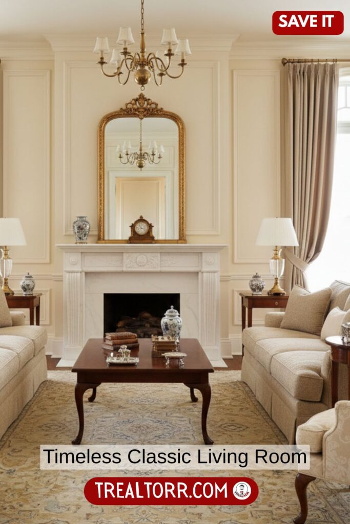 Timeless classic living room, neutral colors, refined furniture, balanced layout, elegant decor, soft lighting, classic interior design