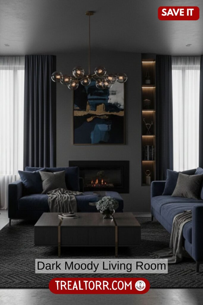 Dark moody living room, deep charcoal and navy tones, low lighting, velvet sofa, dark wood furniture, dramatic shadows, modern luxury interior, cozy yet elegant, ultra-realistic, Pinterest-style photography