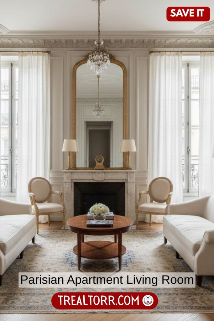 Parisian apartment living room, tall ceilings, classic wall molding, neutral color palette, elegant furniture, large windows, soft natural light, chic European interior design, Pinterest aesthetic