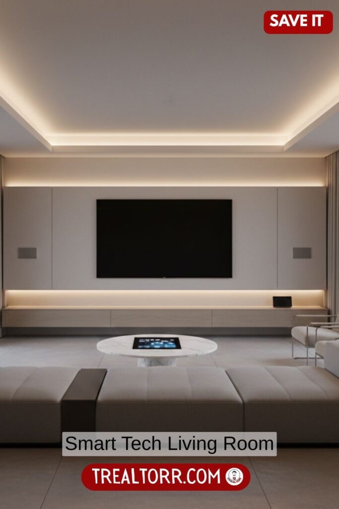 Smart tech living room, modern minimalist design, smart lighting, hidden cables, sleek sofa, wall-mounted TV, neutral colors, futuristic yet cozy interior, ultra-realistic