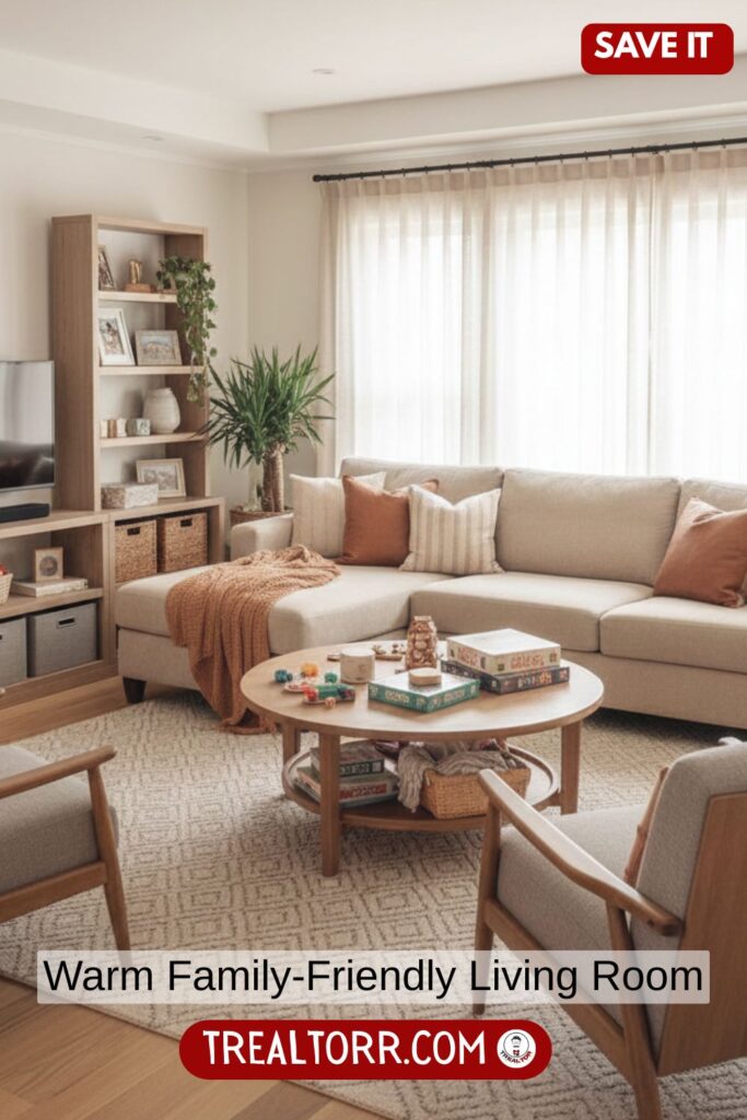 Family-friendly living room, cozy sectional sofa, warm neutral colors, soft textures, durable furniture, welcoming layout, natural light, stylish yet practical interior design, Pinterest-style photography