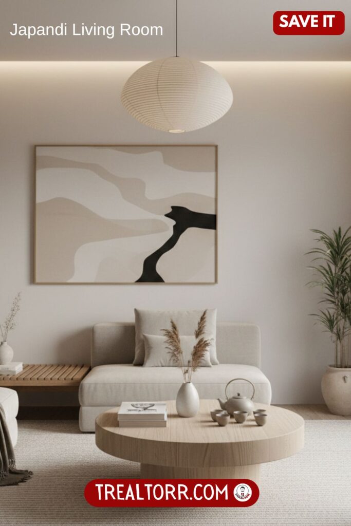 Japandi living room, neutral earthy tones, low furniture, natural wood, minimal decor, peaceful atmosphere, soft lighting, modern organic design, Pinterest-style photography