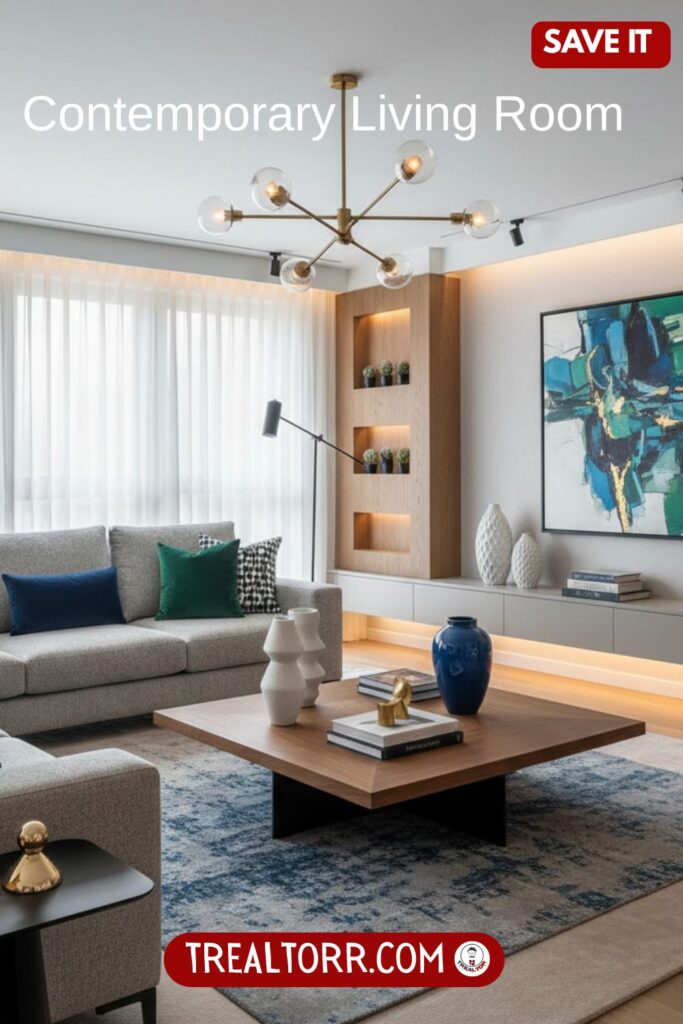 Contemporary living room, neutral colors with bold accents, modern furniture, artistic decor, layered lighting, stylish and current interior design, ultra-realistic