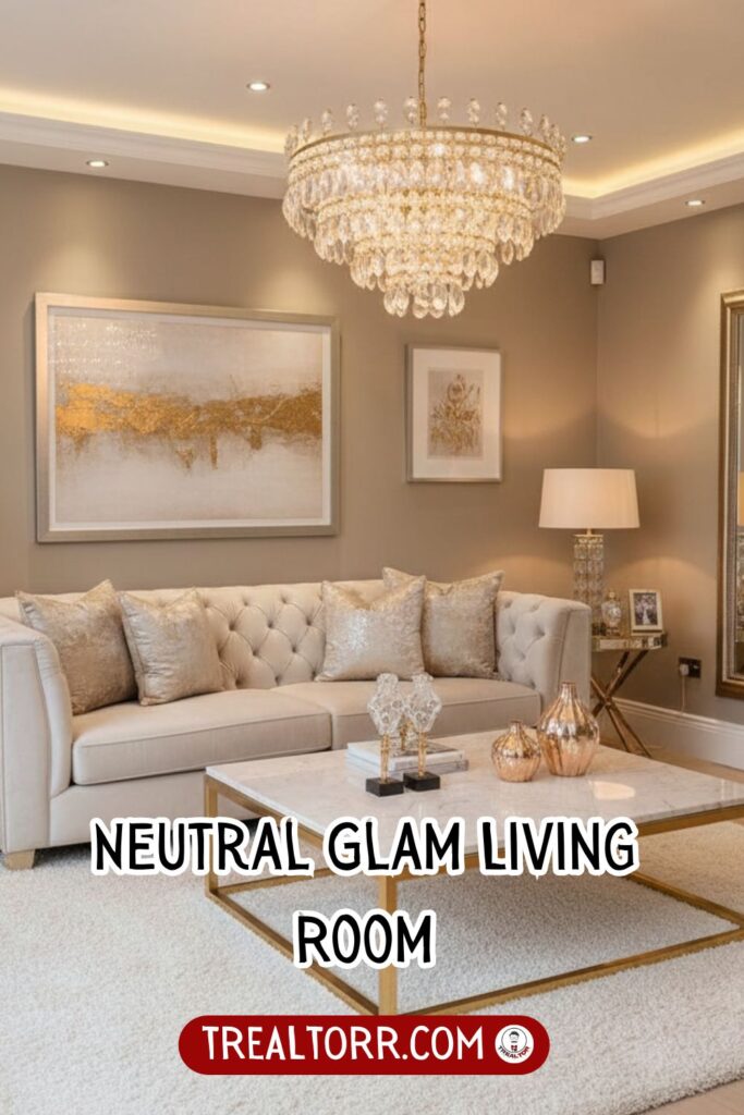 Neutral glam living room, beige and cream tones, velvet sofa, metallic accents, chic decor, soft lighting, elegant atmosphere, Pinterest interior aesthetic