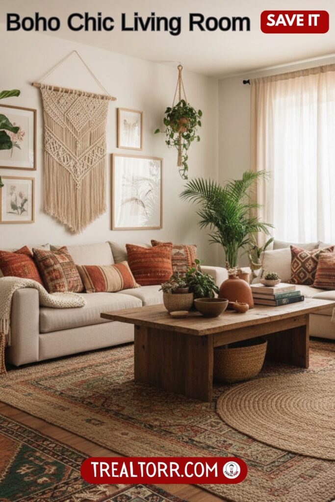 Boho chic living room, earthy tones, layered rugs, plants, macrame wall decor, cozy seating, natural textures, artistic and relaxed vibe, Pinterest-style photography