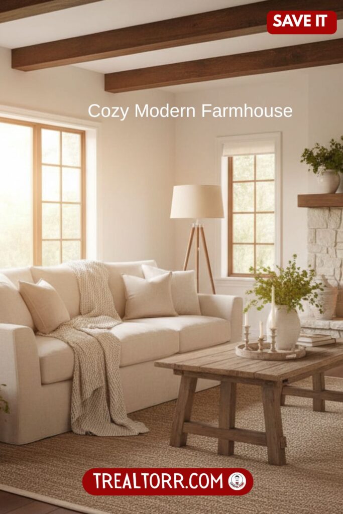 Modern farmhouse living room, cozy neutral tones, linen sofa, wooden beams, soft throw blankets, rustic coffee table, warm natural lighting, inviting atmosphere, Pinterest-style interior photography