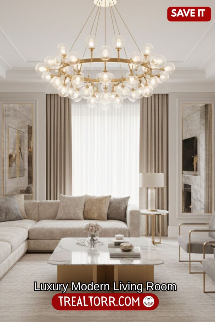 Luxury modern living room, neutral tones with gold accents, plush sofa, marble coffee table, statement chandelier, soft ambient lighting, high-end interior design, elegant and spacious, ultra-realistic, Pinterest aesthetic