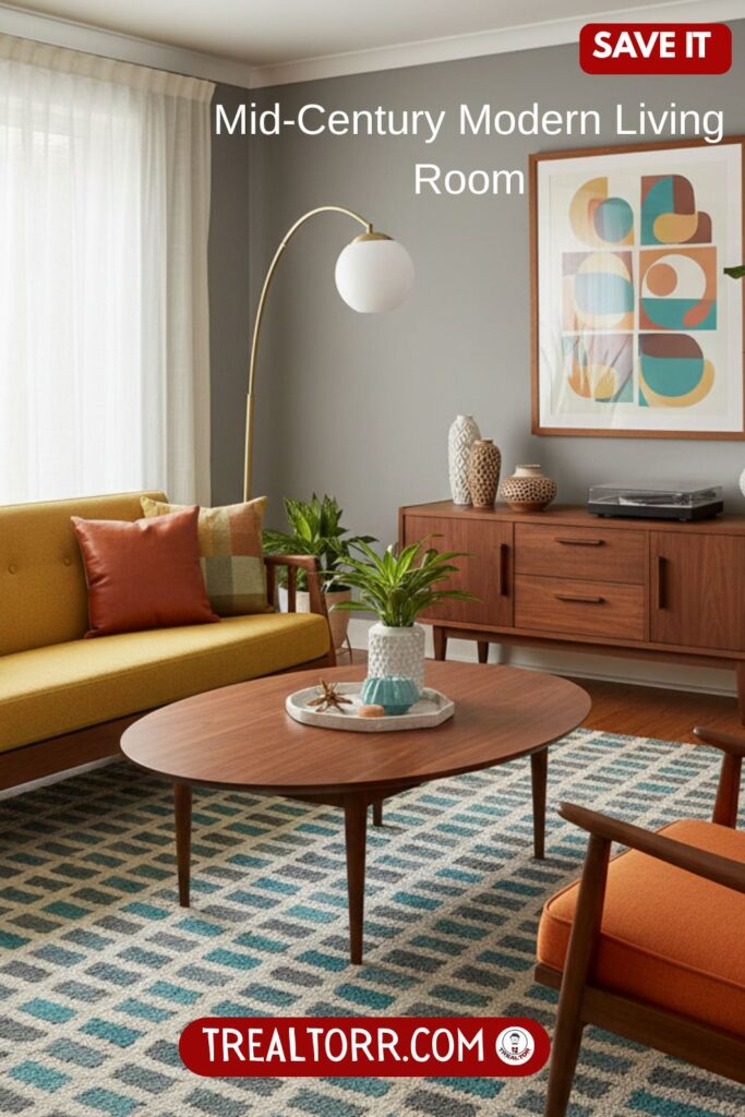 Mid-century modern living room, walnut furniture, clean lines, geometric patterns, warm color accents, vintage-modern vibe, stylish interior design, ultra-realistic