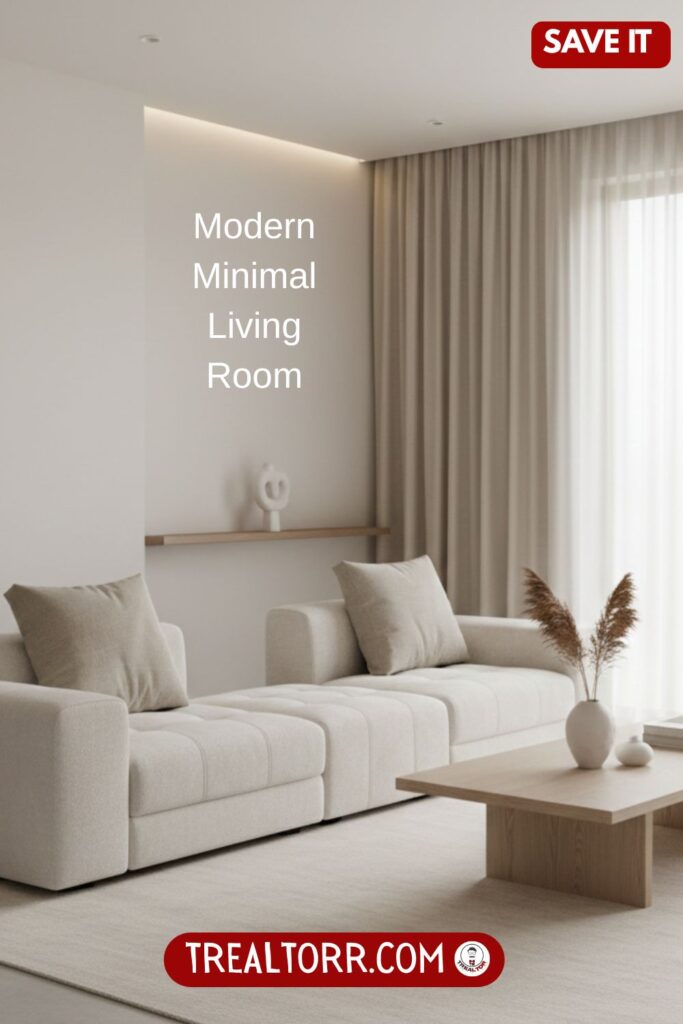Modern minimal living room, white and beige color palette, low-profile sofa, clean lines, large windows with natural light, minimal decor, sleek coffee table, uncluttered space, contemporary interior design, ultra-realistic, Pinterest-style photography
