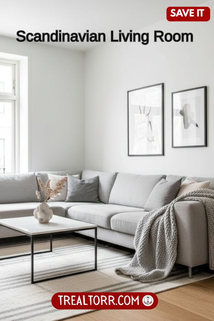 Scandinavian living room, light wood furniture, white walls, soft gray textiles, minimalist decor, natural sunlight, cozy yet clean design, ultra-realistic, Pinterest interior style