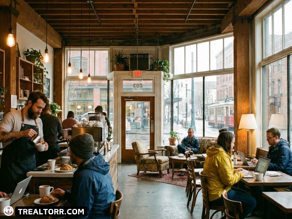 Cozy cafe with people working on laptops and conversing. A barista serves coffee, and large windows reveal an urban street scene outside. Warm ambiance.