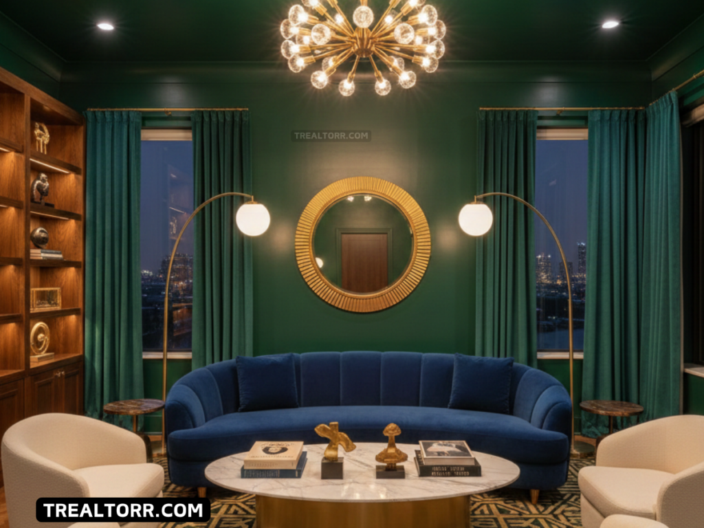 A luxury Dallas living room in Neo Deco style, deep emerald green walls, brass chandelier, velvet sofa, curved furniture, marble coffee table, warm ambient lighting, high ceilings, modern Art Deco influence, ultra-realistic, interior design photography, wide angle