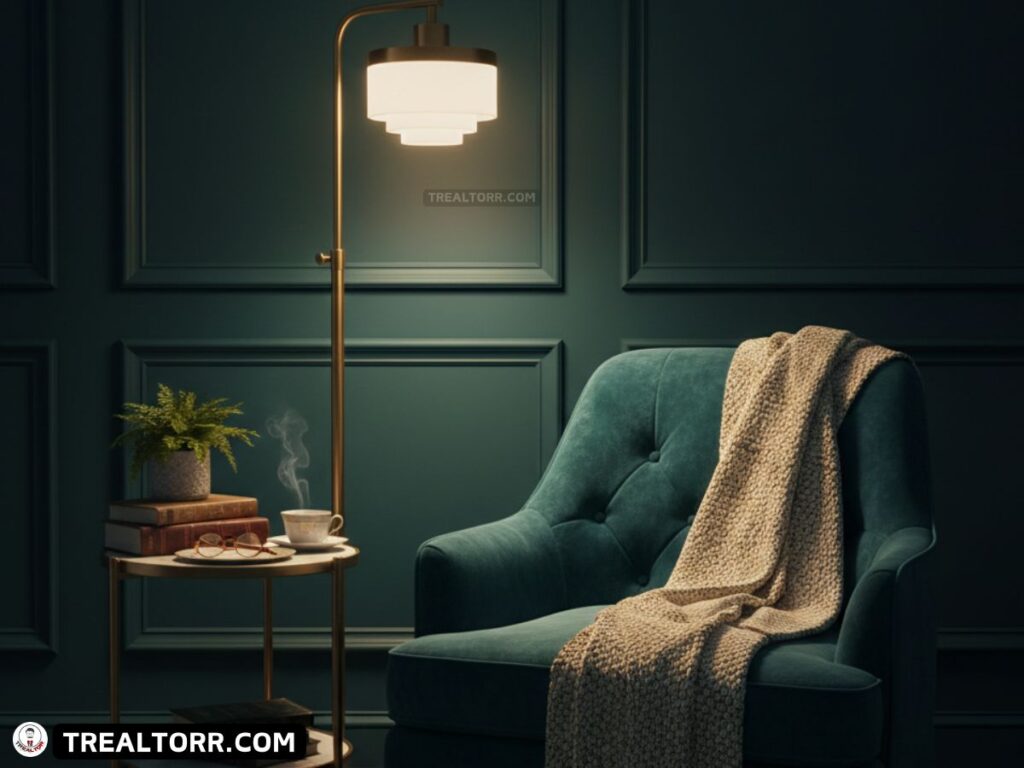 Cozy Neo Deco reading nook with velvet armchair, dark teal walls, gold floor lamp, soft textures, luxurious Dallas home interior, cinematic photography, inviting atmosphere