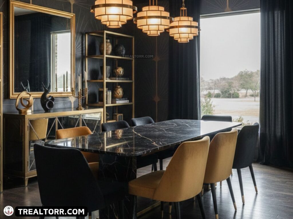 Elegant Neo Deco dining room with black and gold color palette, brass pendant lights, geometric patterns, velvet dining chairs, upscale Texas home interior, cinematic lighting, luxury real estate photography