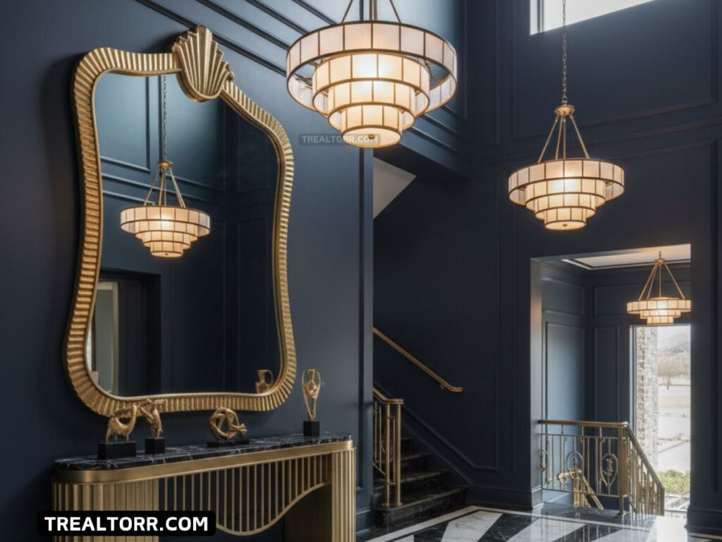 Grand Neo Deco foyer with curved mirror, brass console table, dramatic lighting, marble flooring, upscale Dallas home interior, modern Art Deco aesthetic, architectural photography