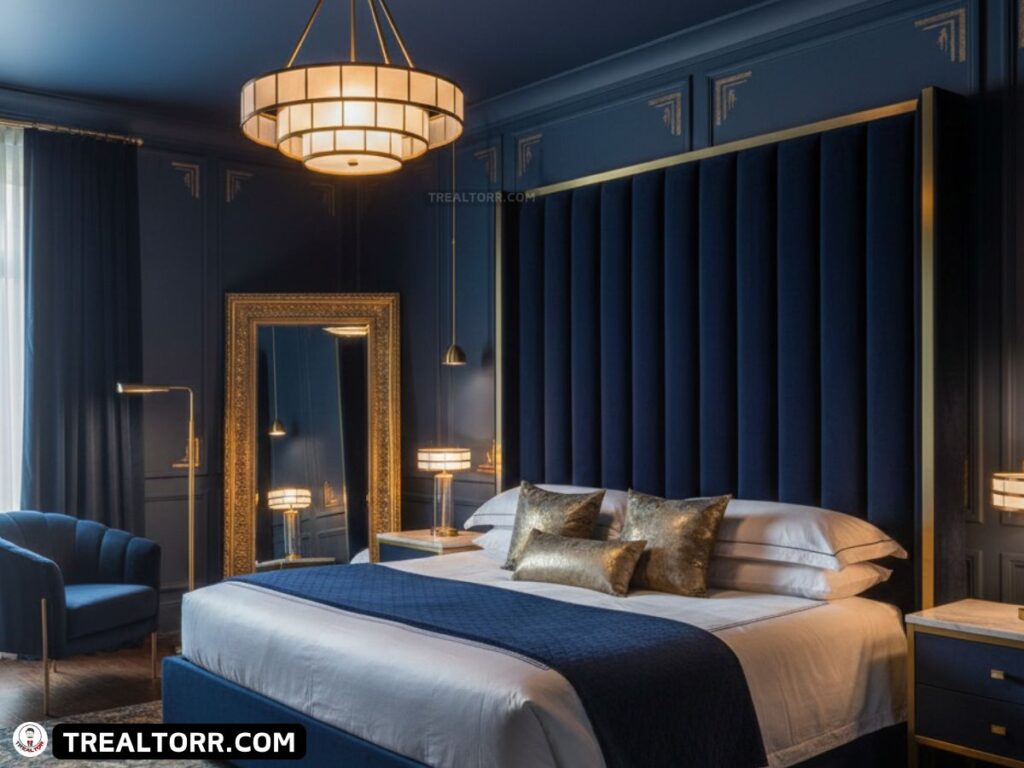 Luxury Neo Deco bedroom with navy blue walls, gold accents, velvet headboard, soft lighting, modern Art Deco design, hotel-style bedroom, high-end Dallas home, realistic interior photography