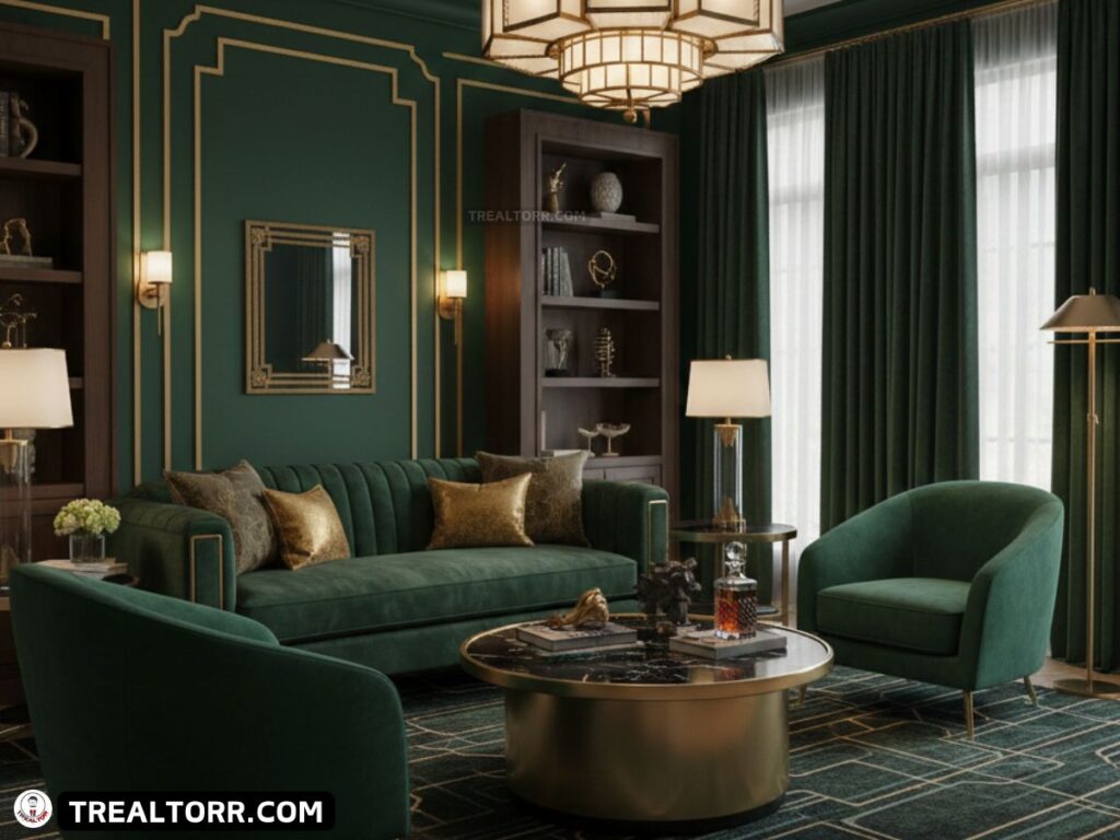 Neo Deco living room with warm lighting, dark green walls, velvet chairs, brass accents, styled for photography, luxury Dallas home, cinematic interior shot, Pinterest-ready interior design