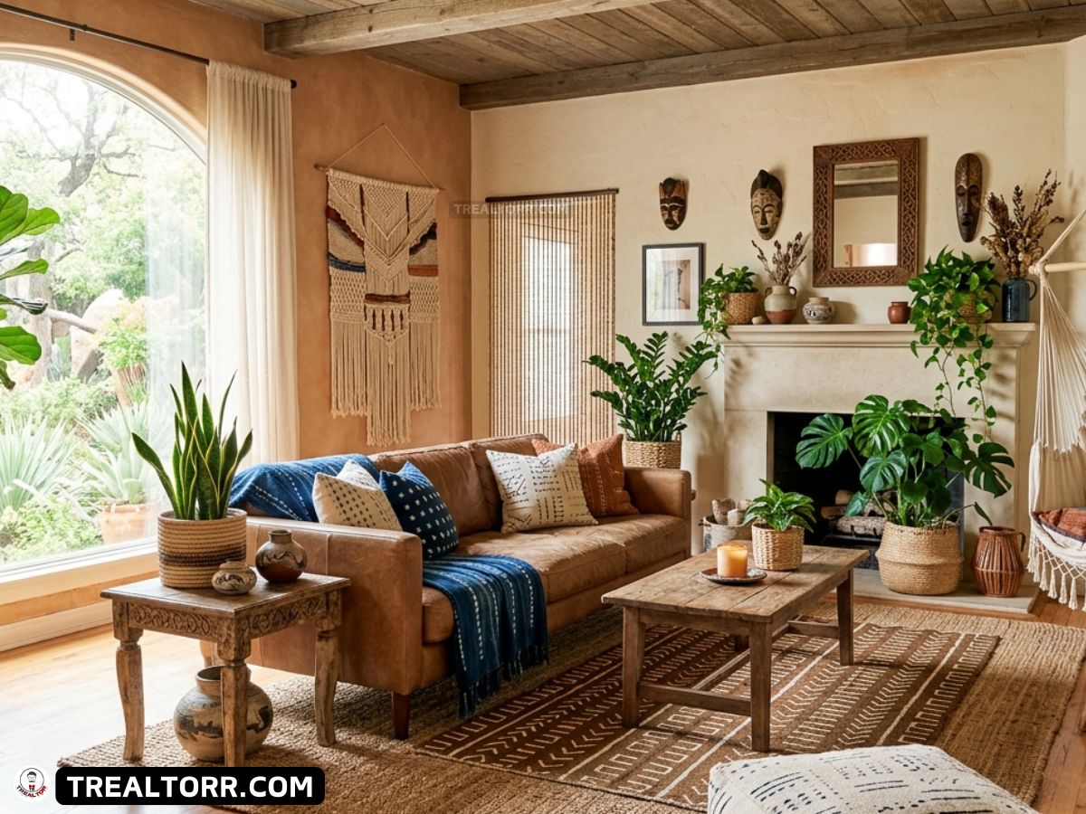 Warm, cozy living room with earth tones. Features a leather couch, patterned cushions, indoor plants, wooden furniture, and tribal wall art near a large window.