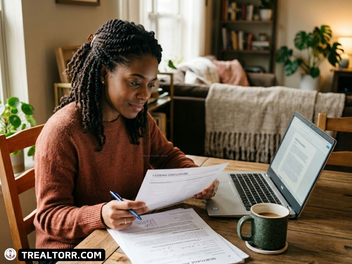 Woman in cozy living room reviews documents labeled "Closing Disclosure" at a wooden table with a laptop and coffee, conveying focus and seriousness.