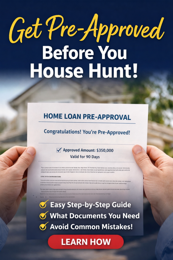 A person holds a home loan pre-approval letter stating a $350,000 approval, with a blurred house in the background. Text reads: "Get Pre-Approved Before You House Hunt!" and lists tips before a red "Learn How" button.
