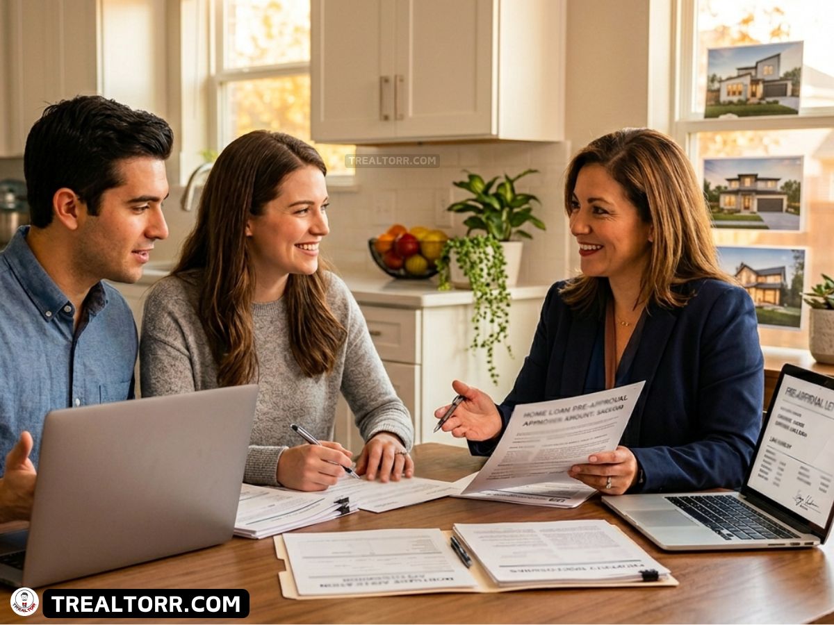 A couple sits at a table, engaged in a positive conversation with a businesswoman. Papers, a pen, and a laptop are spread out, evoking a collaborative and professional atmosphere.