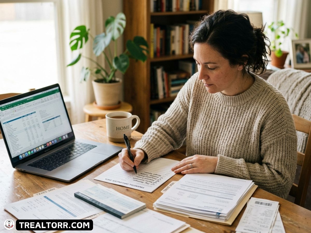A woman in a cozy sweater works at a wooden table, reviewing documents and writing. A laptop displays a spreadsheet. A mug and plant add warmth.