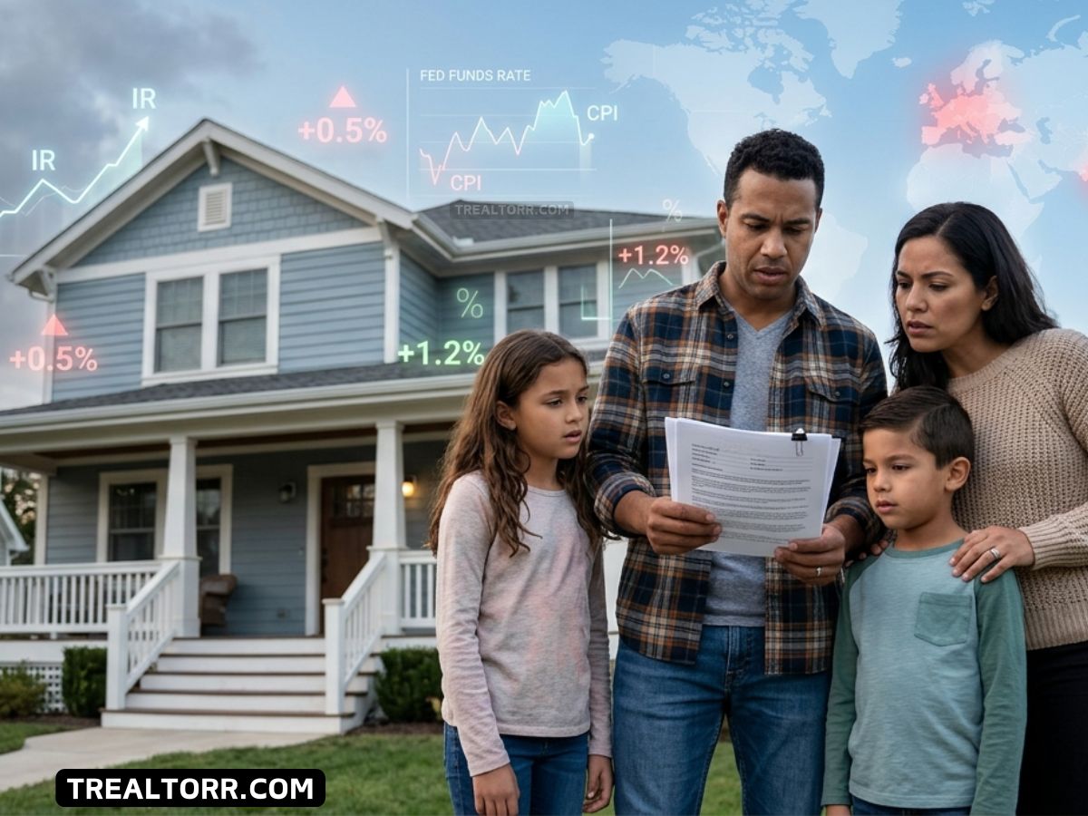 A family stands concerned in front of a house, examining documents. Overlayed graphs show rising interest and inflation rates, indicating financial stress.
