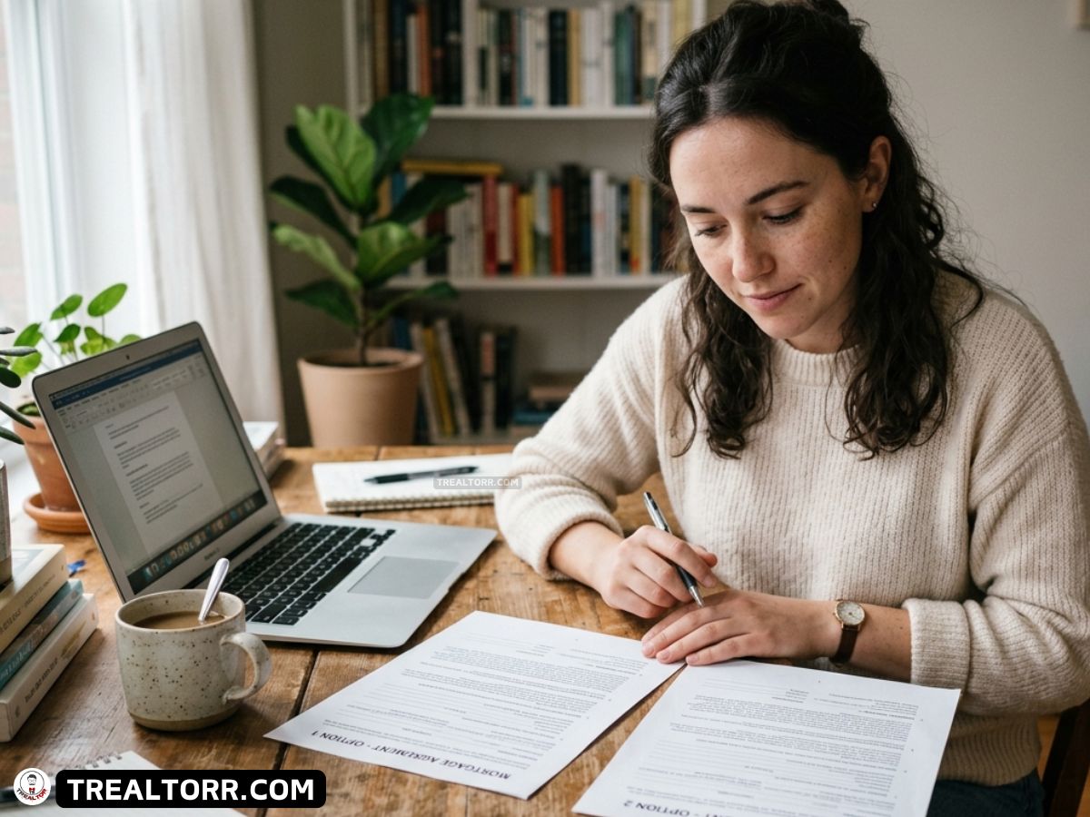 A woman sits at a wooden table, focused on writing on documents. A laptop and a mug are beside her. A bookshelf and plant are in the background.