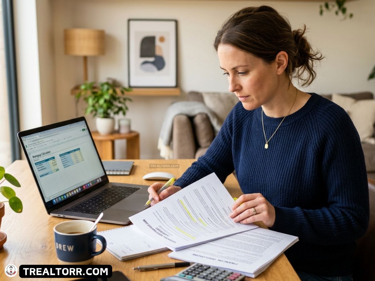 A woman in a navy sweater works at a wooden table. She highlights documents, with a laptop displaying charts nearby. There's a cozy, focused atmosphere.