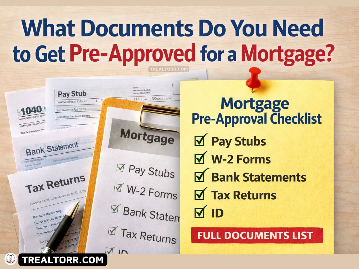 Alt text: "Image showing a mortgage pre-approval checklist with documents like pay stubs, W-2 forms, bank statements, and tax returns. Bold text reads 'What Documents Do You Need to Get Pre-Approved for a Mortgage?' A checklist highlights necessary items with a red pushpin on a yellow background. Pen and documents are visible, conveying an organized tone."