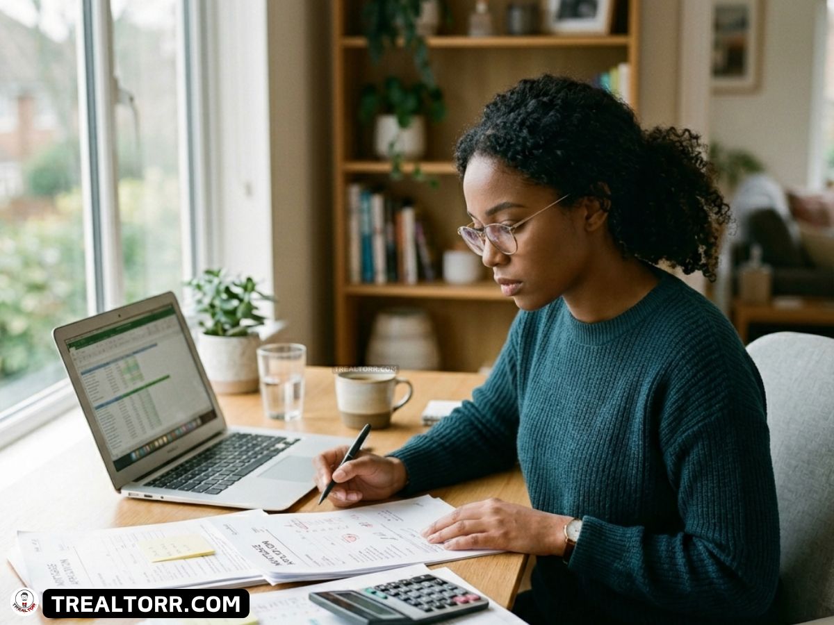 A woman in a green sweater works at a wooden desk, focused on paperwork. A laptop, calculator, and mug are nearby. Sunlit room feels calm and studious.