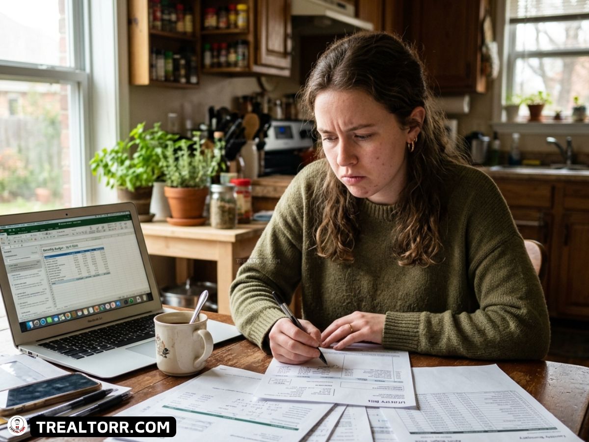 A focused person works on financial papers at a kitchen table, using a laptop with a spreadsheet. The setting is cozy, with natural light and potted plants.