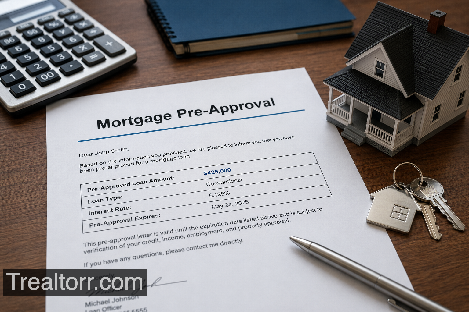 Mortgage pre-approval letter on a desk with a calculator, house model, pen, and keys, showing the home loan approval process for buyers.