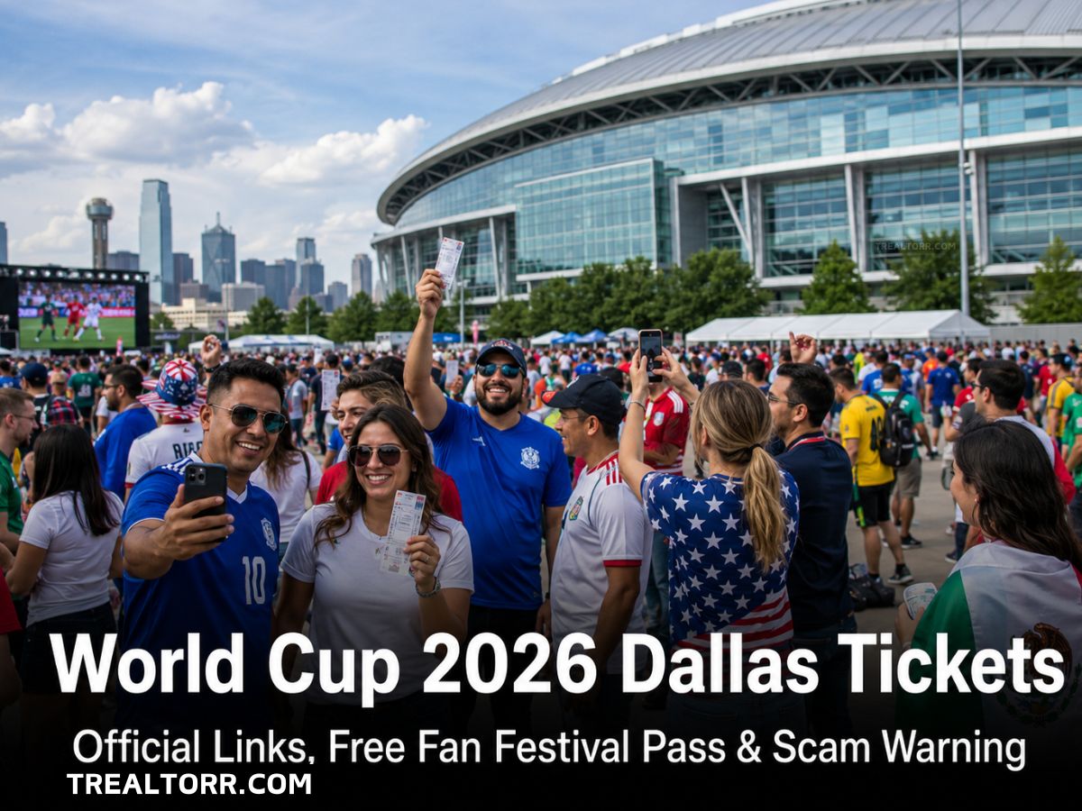 Excited soccer fans outside a Dallas-area stadium holding tickets and phones for World Cup 2026 Dallas, with a fan festival crowd and city skyline in the background.